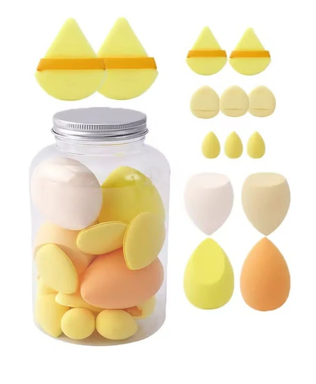 Sada kosmetických houbiček a labutěnek na make-up v průhledné dóze