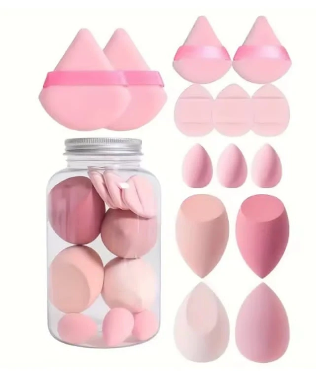 Sada kosmetických houbiček a labutěnek na make-up v průhledné dóze
