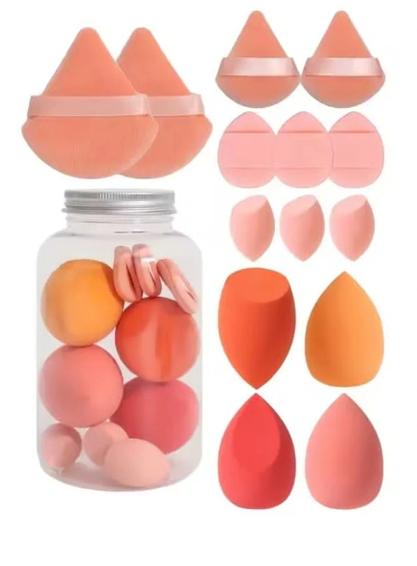 Sada kosmetických houbiček a labutěnek na make-up v průhledné dóze