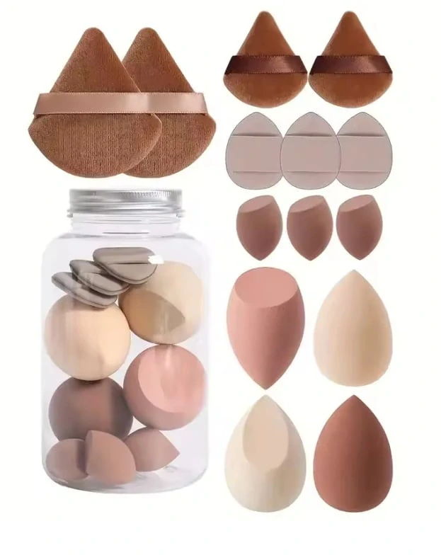 Sada kosmetických houbiček a labutěnek na make-up v průhledné dóze